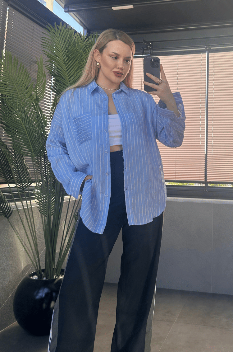 Bebe Mavisi Tek Cepli Çizgili Oversize Modal Gömlek