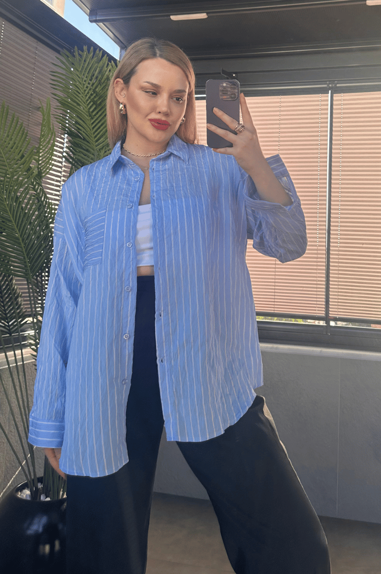 Bebe Mavisi Tek Cepli Çizgili Oversize Modal Gömlek