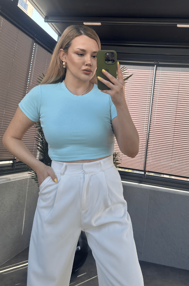 Bebe Mavisi Yarım Kollu Slim Basic Crop 