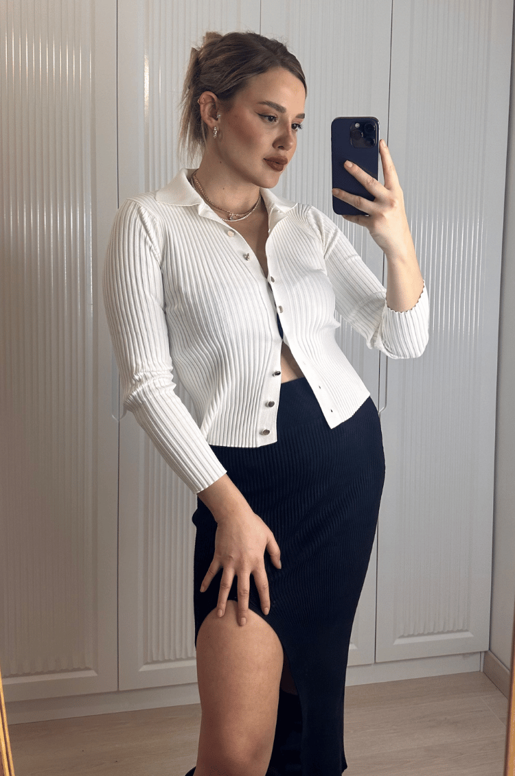 Beyaz Fitilli Likralı İnce Triko