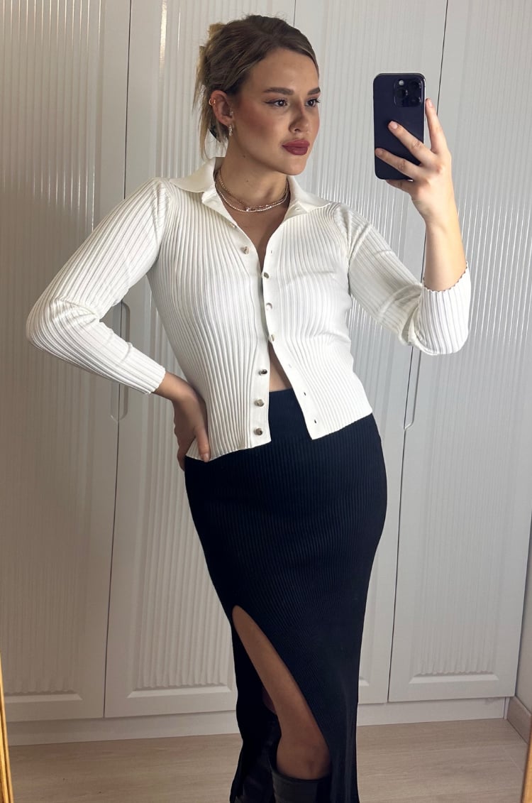 Beyaz Fitilli Likralı İnce Triko