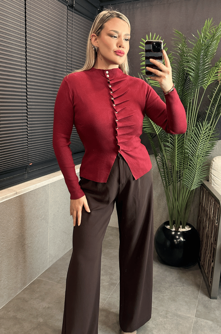 Bordo Büzgü Detaylı Triko Hırka