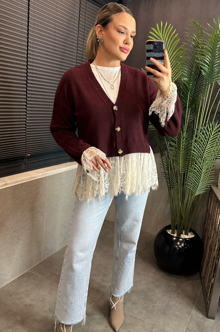 Bordo Dantel Detaylı Büzgü Kollu Triko Hırka 