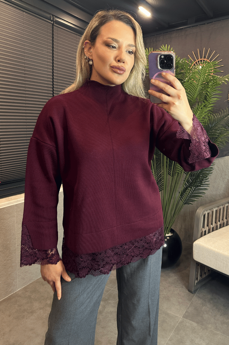 Bordo Dantel Detaylı Dik Yaka Triko Kazak