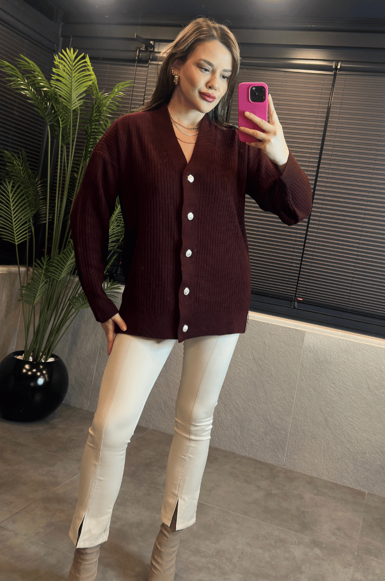 Bordo Fitilli Oversize Basic Örme Hırka