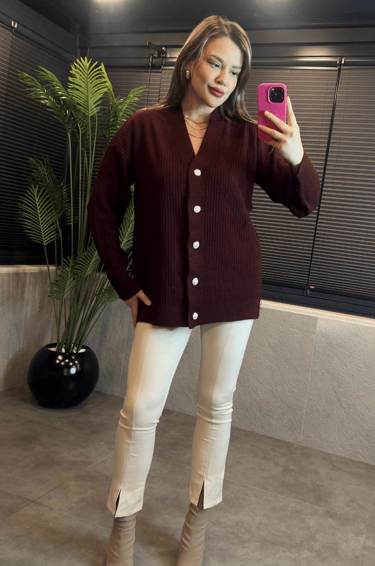 Bordo Fitilli Oversize Basic Örme Hırka