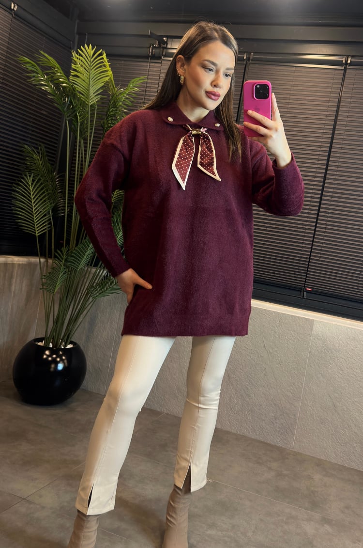 Bordo Fular Detaylı Oversize Yumoş Kazak
