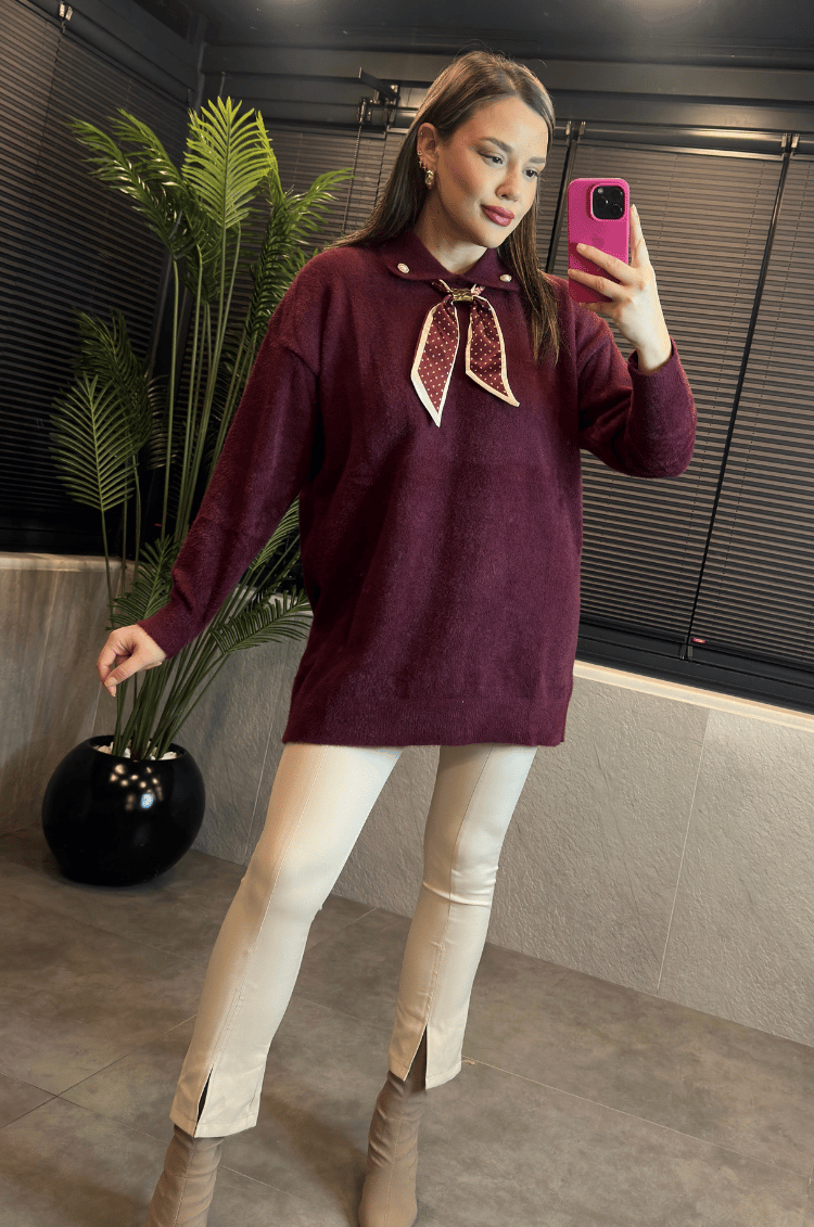 Bordo Fular Detaylı Oversize Yumoş Kazak