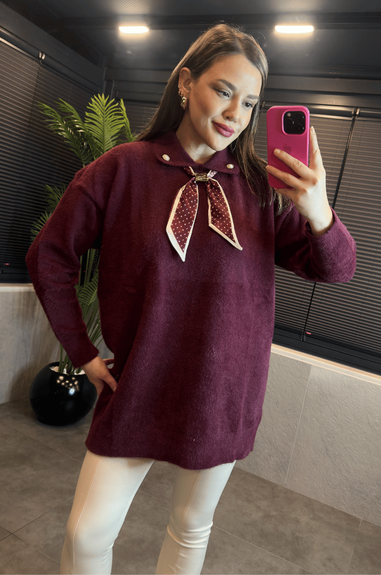 Bordo Fular Detaylı Oversize Yumoş Kazak