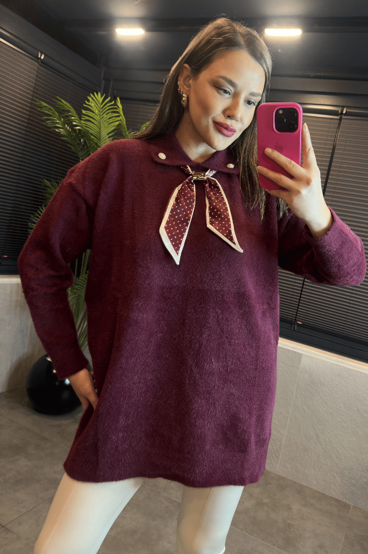 Bordo Fular Detaylı Oversize Yumoş Kazak