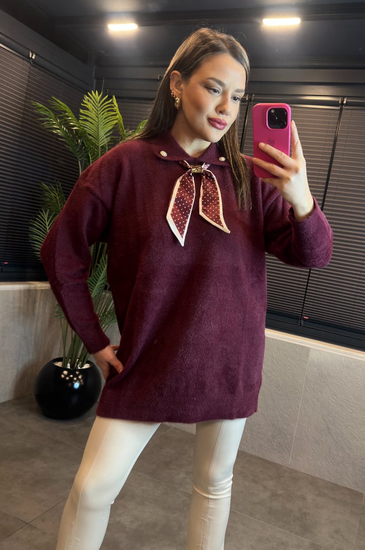 Bordo Fular Detaylı Oversize Yumoş Kazak