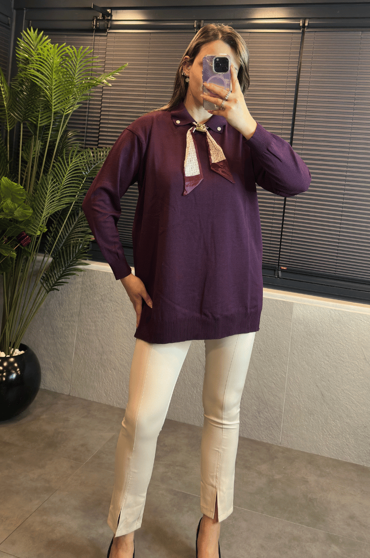 Bordo Fularlı Oversize Merserize Kazak