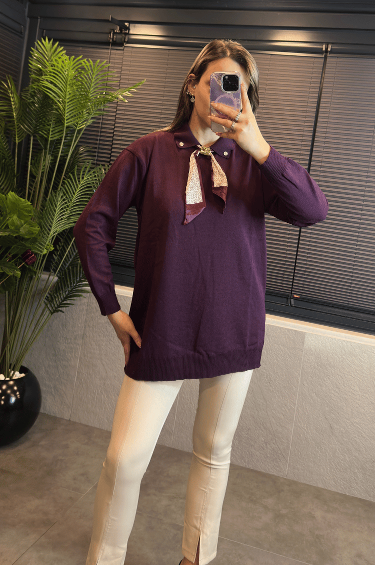 Bordo Fularlı Oversize Merserize Kazak