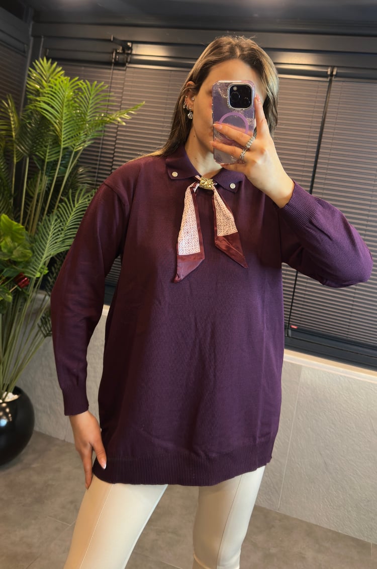 Bordo Fularlı Oversize Merserize Kazak