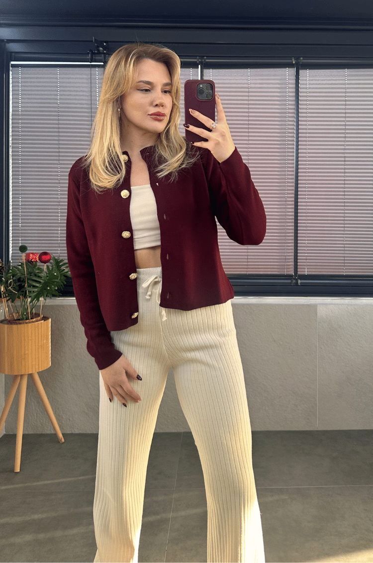 Bordo Gold Düğmeli Hırka