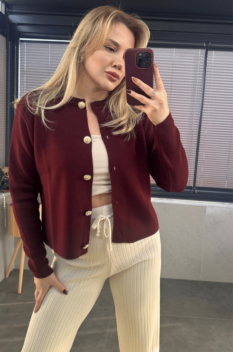 Bordo Gold Düğmeli Hırka