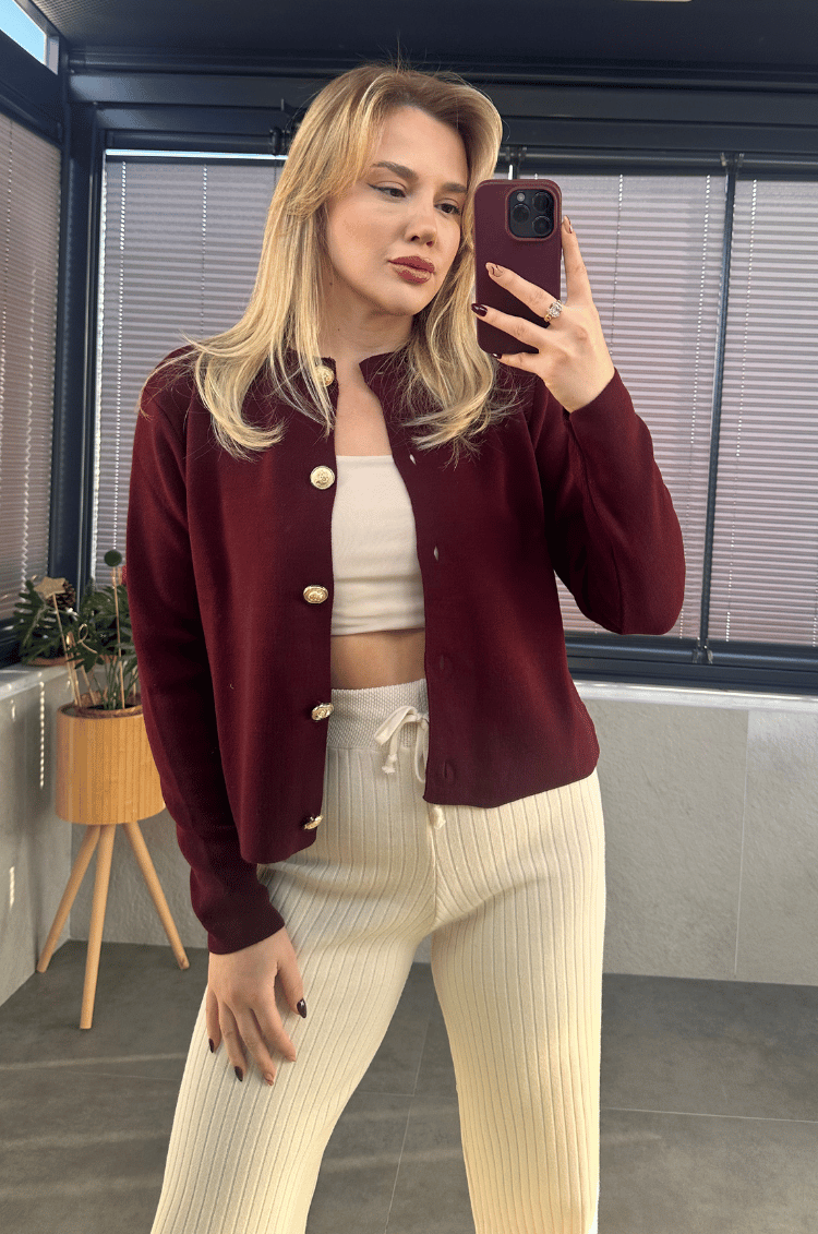 Bordo Gold Düğmeli Hırka