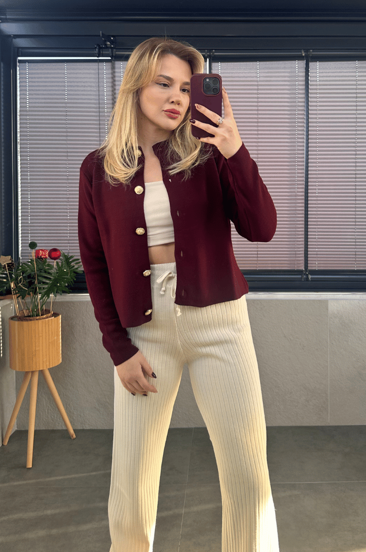 Bordo Gold Düğmeli Hırka