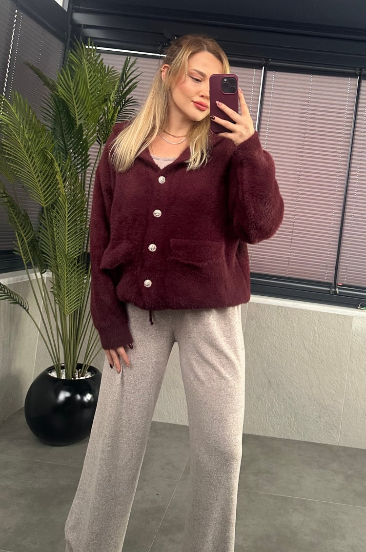 Bordo Kapüşonlu Cep Detaylı Peluş Hırka