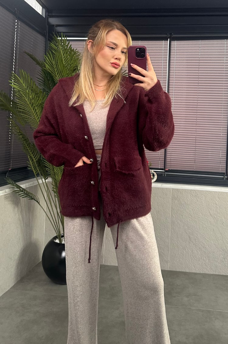 Bordo Kapüşonlu Cep Detaylı Peluş Hırka