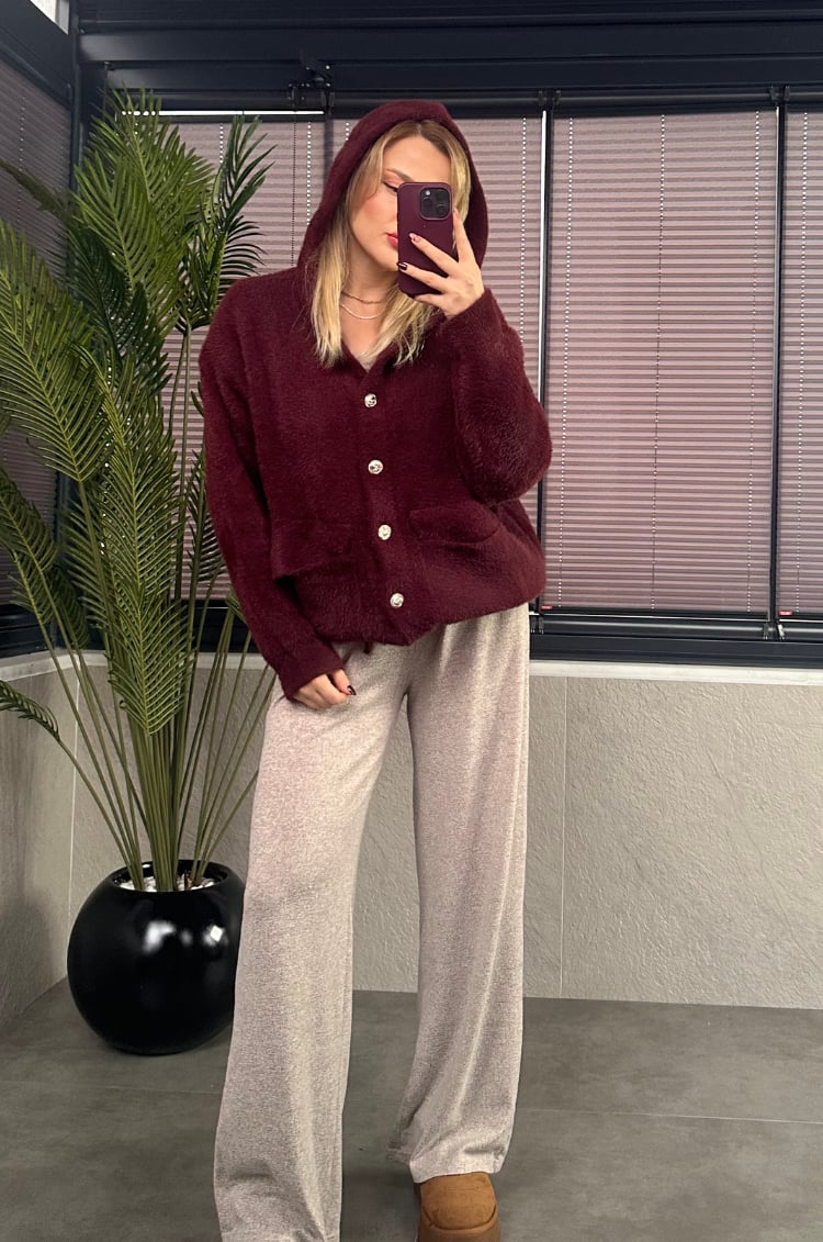 Bordo Kapüşonlu Cep Detaylı Peluş Hırka