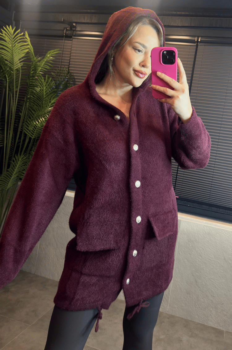 Bordo Kapüşonlu Cep Detaylı Peluş Uzun Hırka