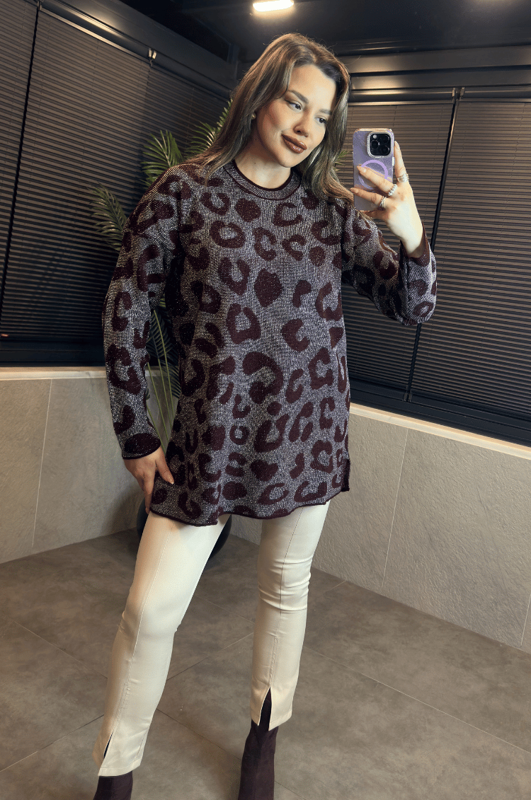 Bordo Leopar Desenli Simli Kazak