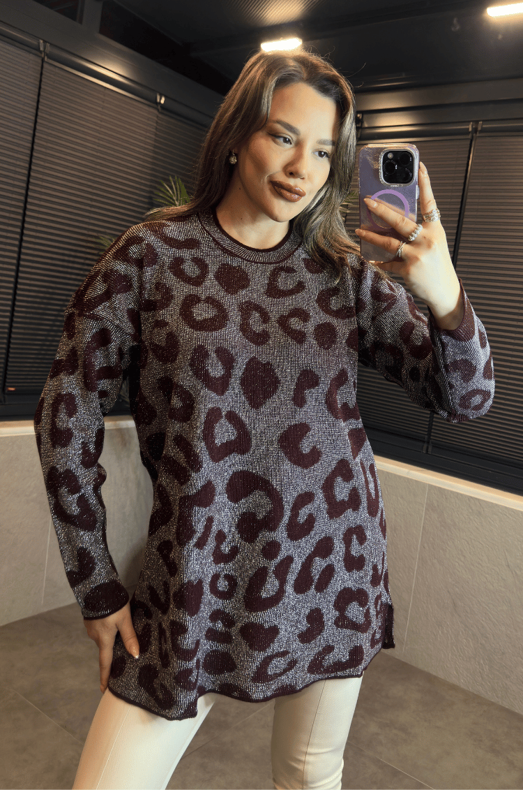Bordo Leopar Desenli Simli Kazak