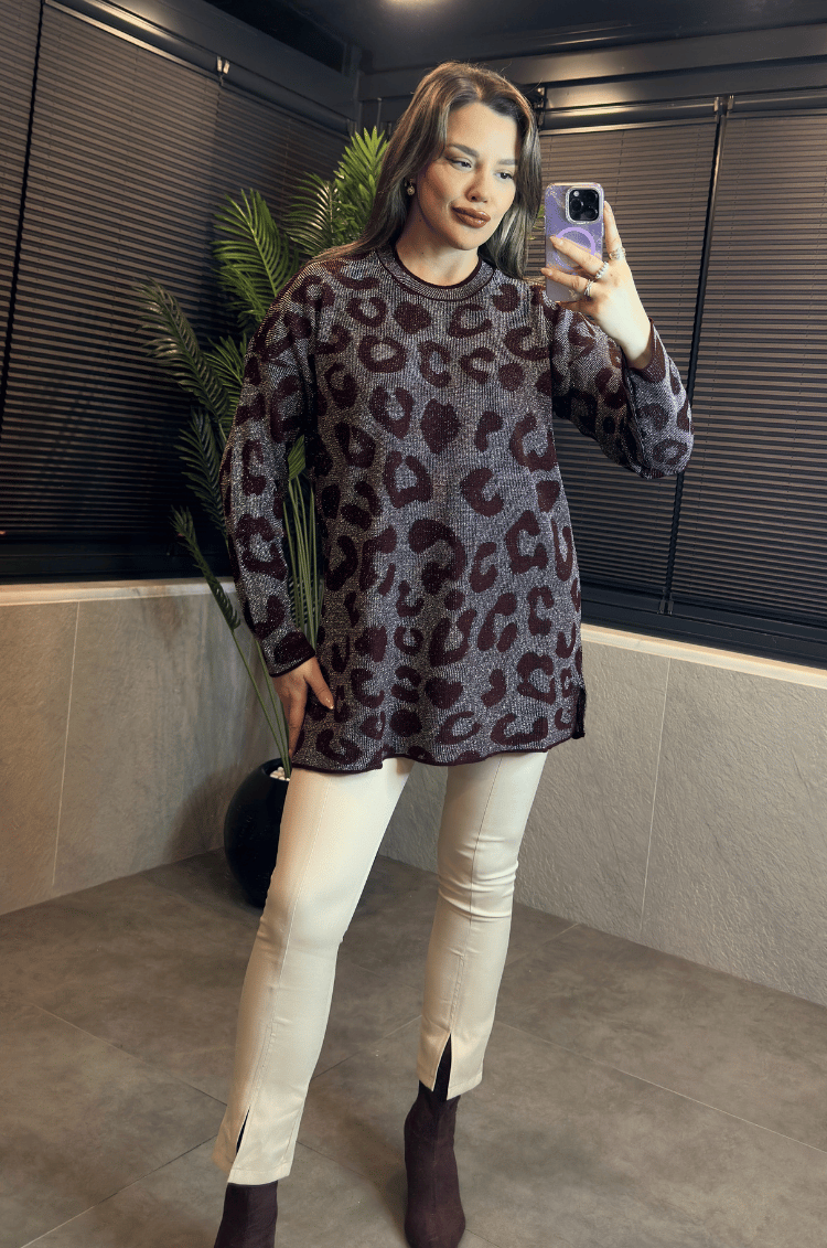 Bordo Leopar Desenli Simli Kazak