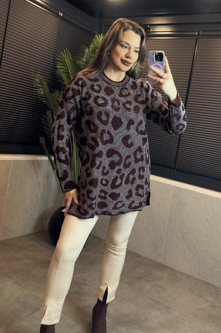 Bordo Leopar Desenli Simli Kazak