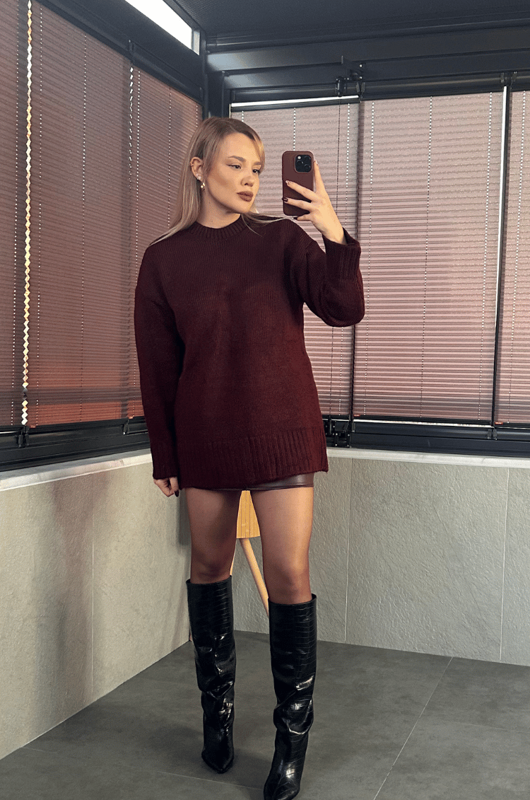 Bordo Oversize Bisiklet Yaka Yumoş Uzun Kazak