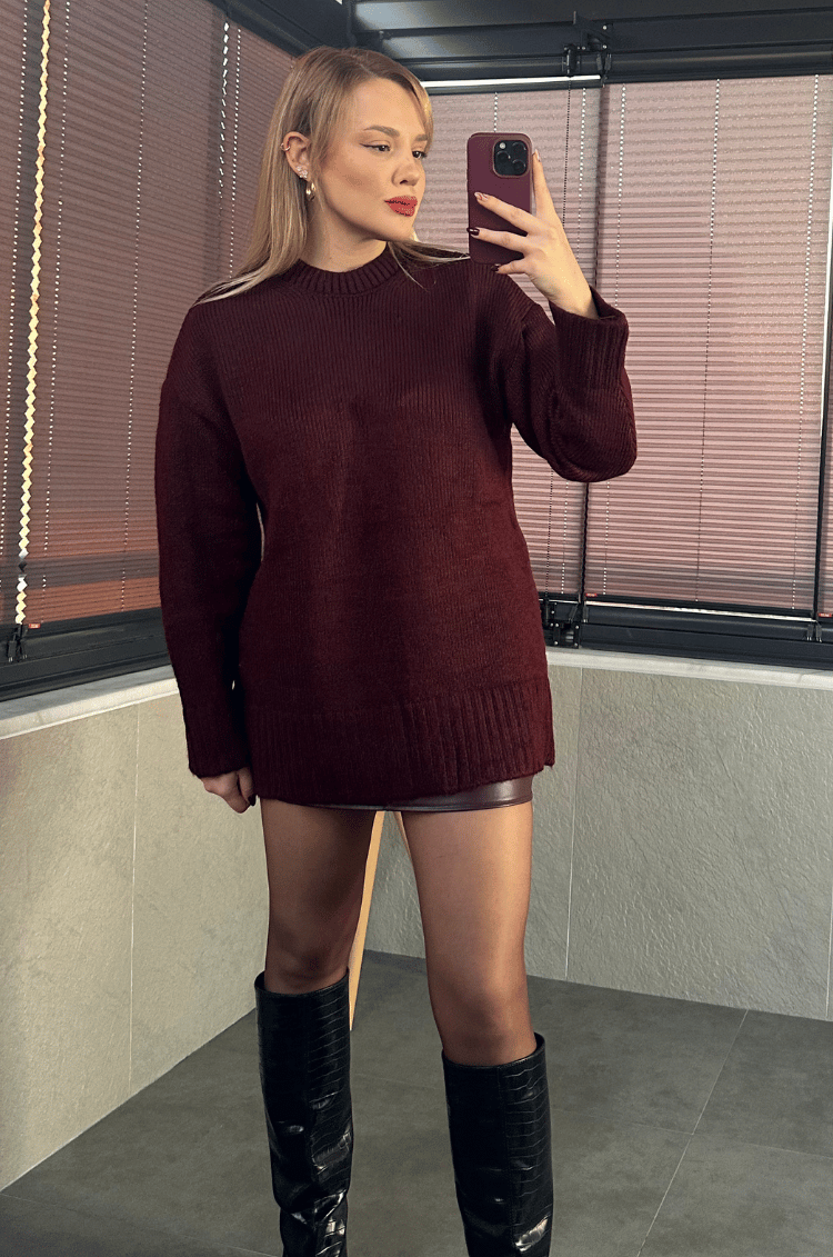 Bordo Oversize Bisiklet Yaka Yumoş Uzun Kazak