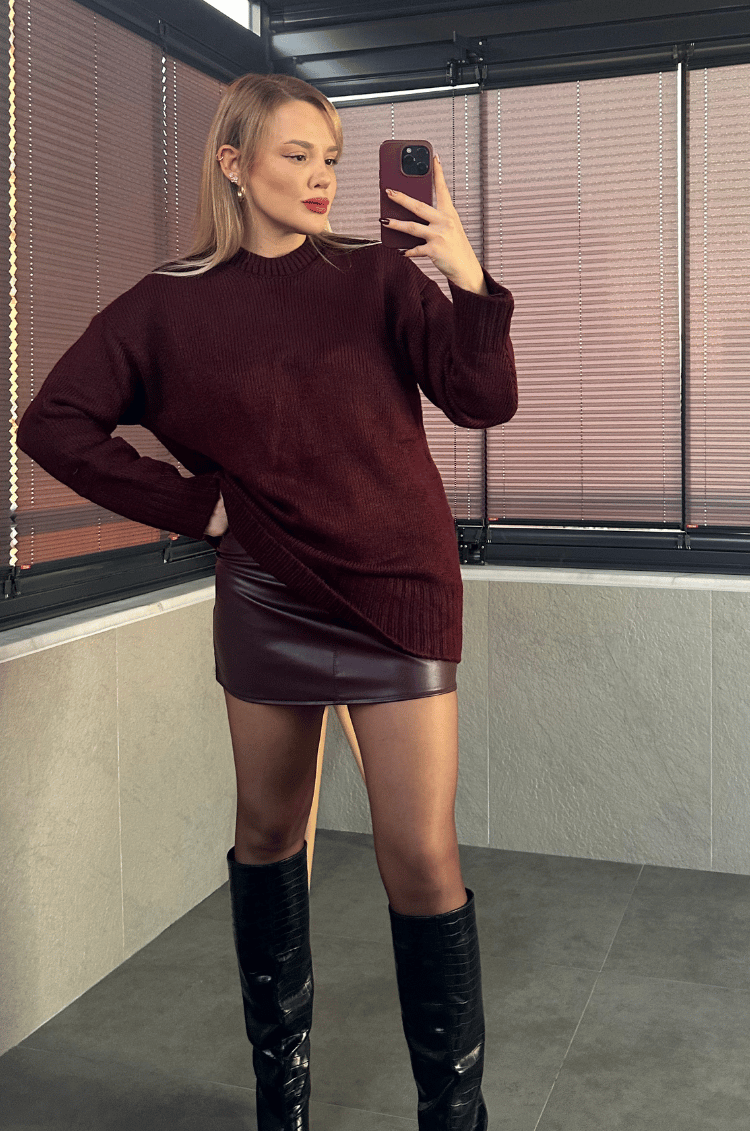 Bordo Oversize Bisiklet Yaka Yumoş Uzun Kazak
