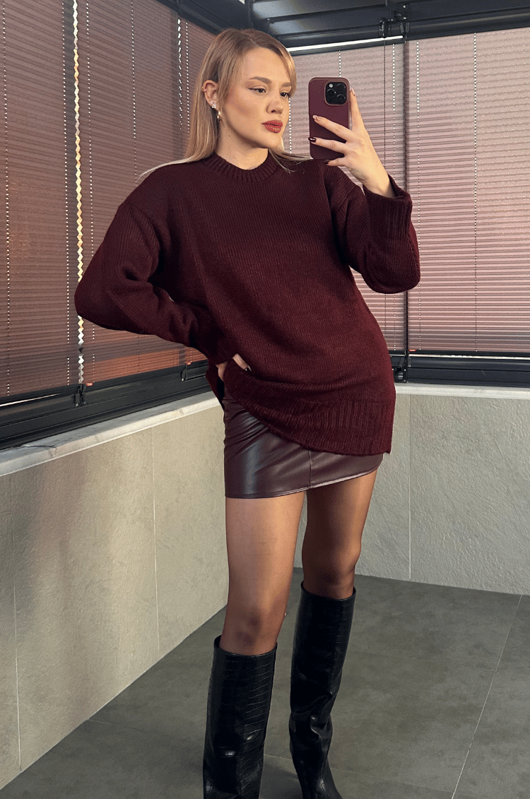 Bordo Oversize Bisiklet Yaka Yumoş Uzun Kazak