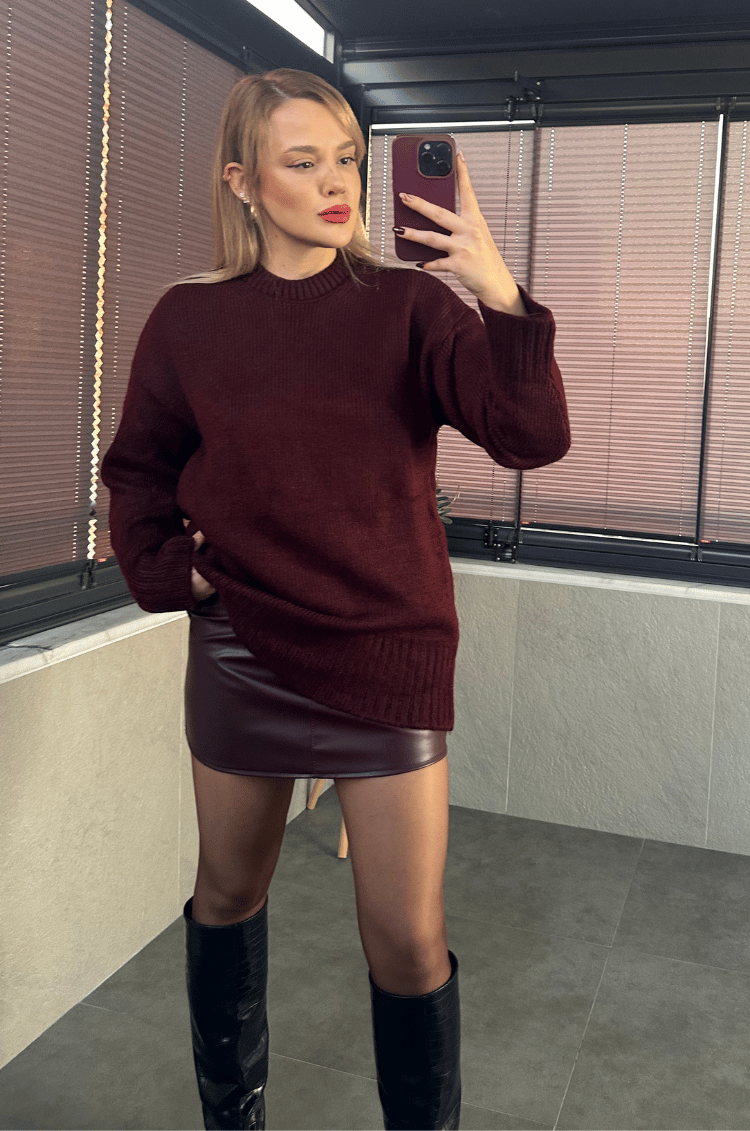 Bordo Oversize Bisiklet Yaka Yumoş Uzun Kazak