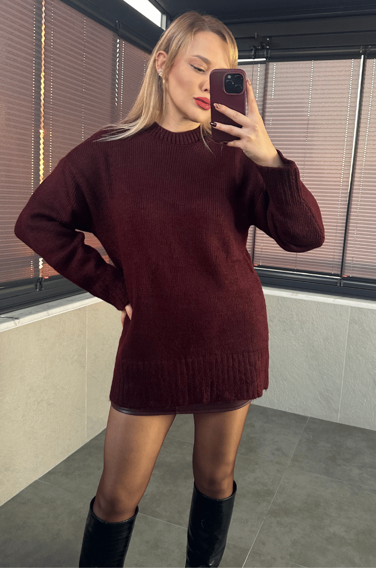 Bordo Oversize Bisiklet Yaka Yumoş Uzun Kazak