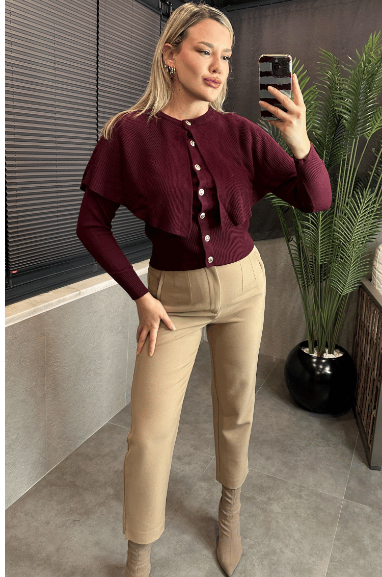 Bordo Pelerin Detaylı Triko Hırka