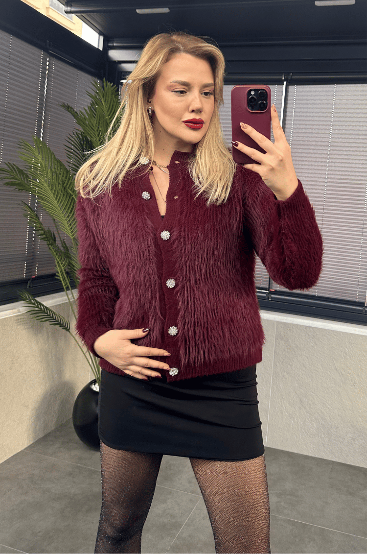 Bordo Sakallı Gümüş Düğmeli Hırka