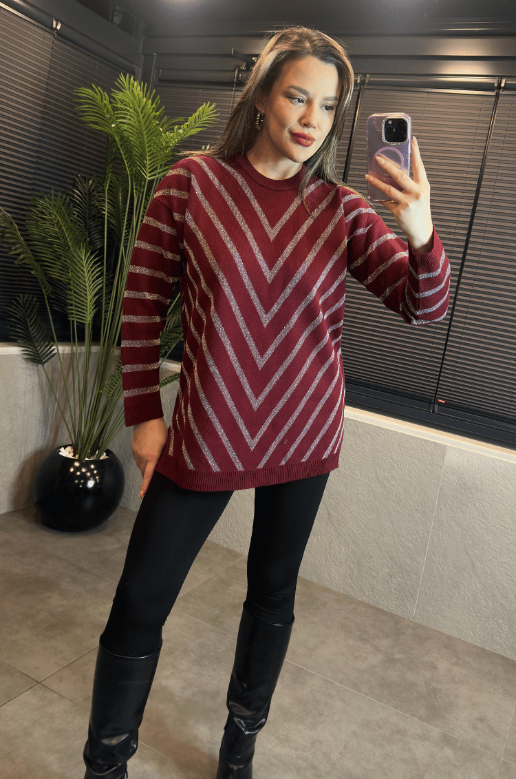 Bordo Simli Bisiklet Yaka Oversize Uzun Kazak