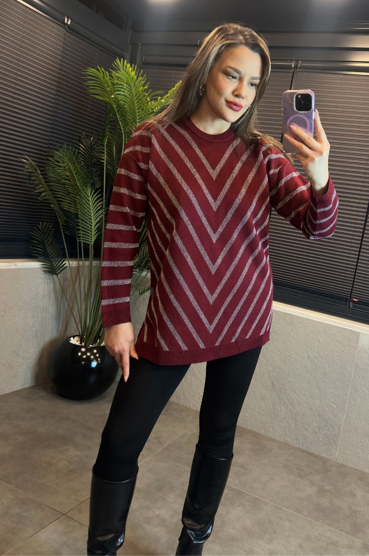 Bordo Simli Bisiklet Yaka Oversize Uzun Kazak