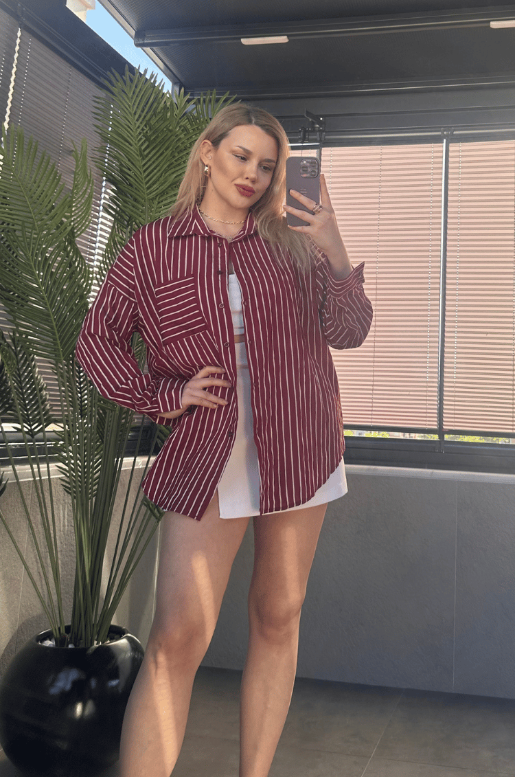 Bordo Tek Cepli Çizgili Oversize Modal Gömlek