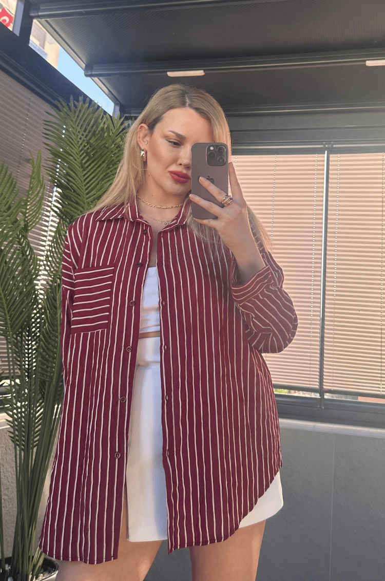 Bordo Tek Cepli Çizgili Oversize Modal Gömlek