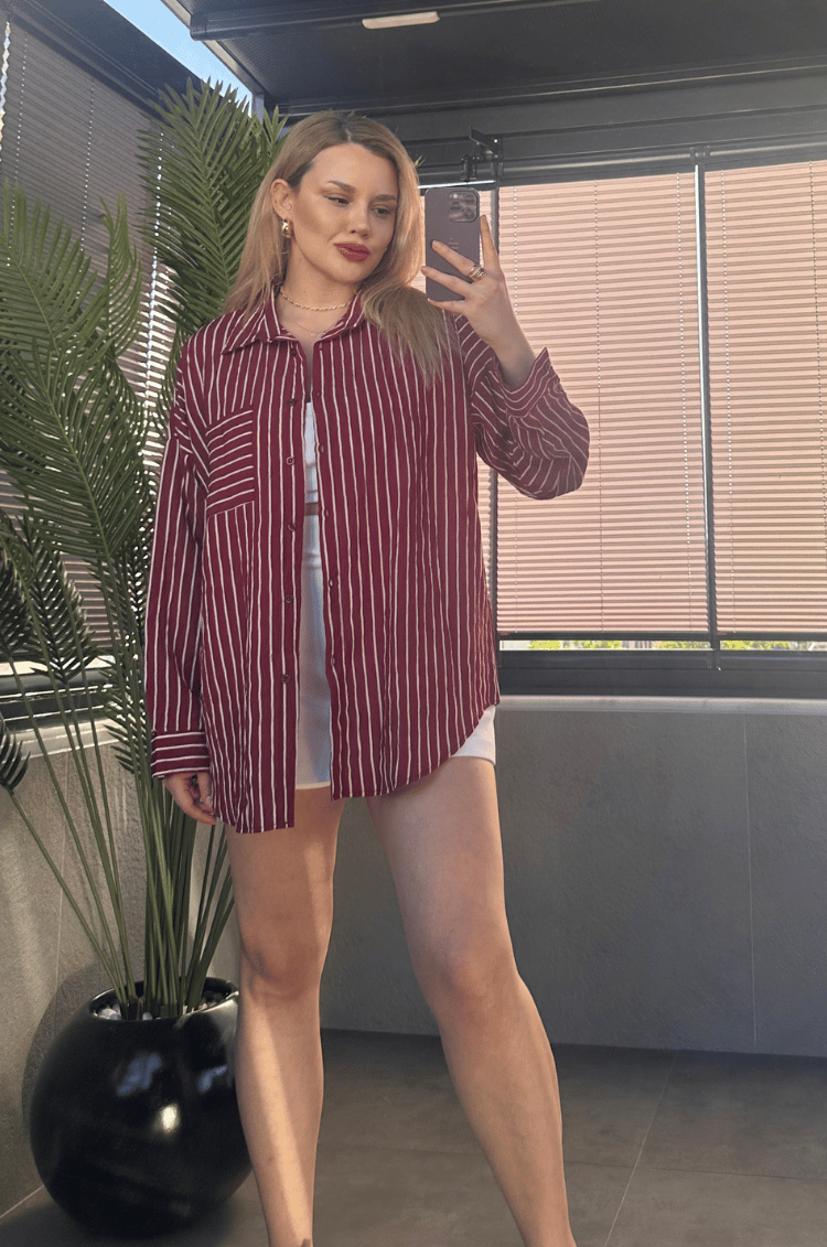 Bordo Tek Cepli Çizgili Oversize Modal Gömlek