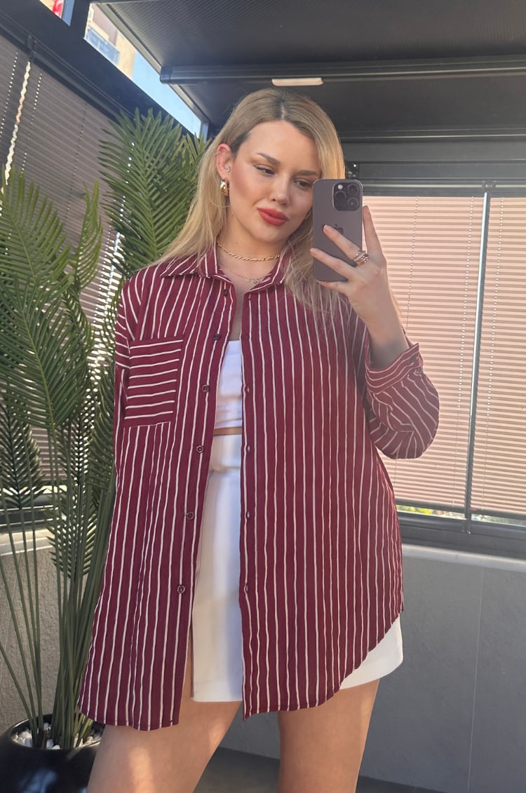 Bordo Tek Cepli Çizgili Oversize Modal Gömlek