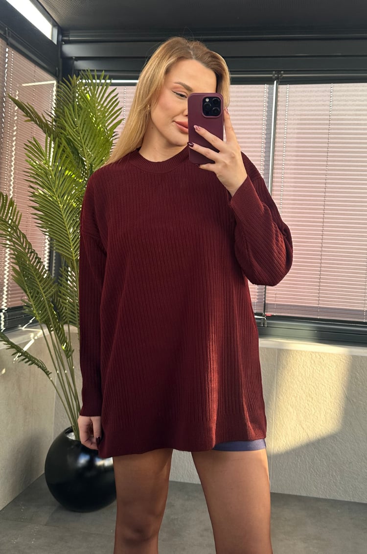Bordo Yarı Boğazlı Fitilli Oversize Kazak