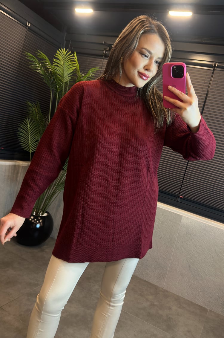 Bordo Yarı Boğazlı Fitilli Oversize Kazak 