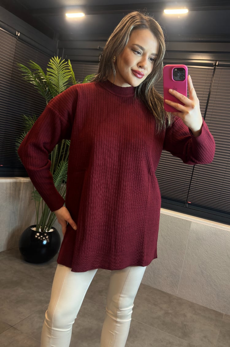 Bordo Yarı Boğazlı Fitilli Oversize Kazak 