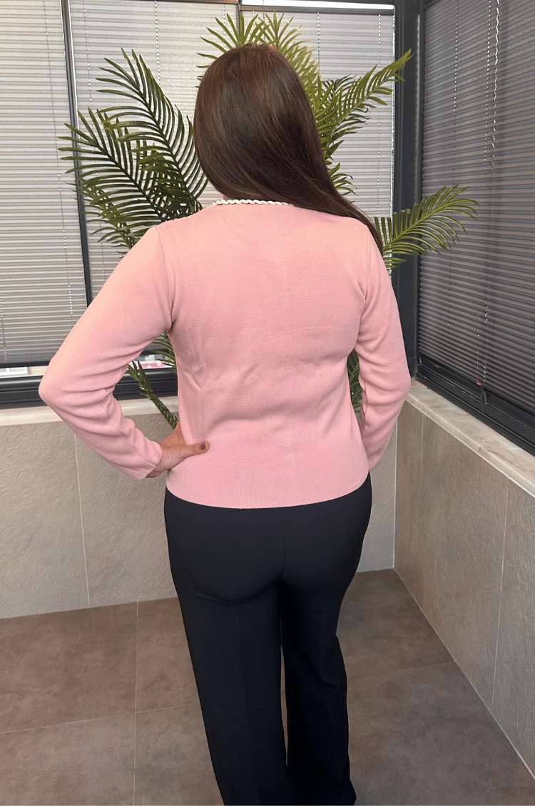 Burgu Şeritli Özel İşleme Düğmeli Pembe Hırka