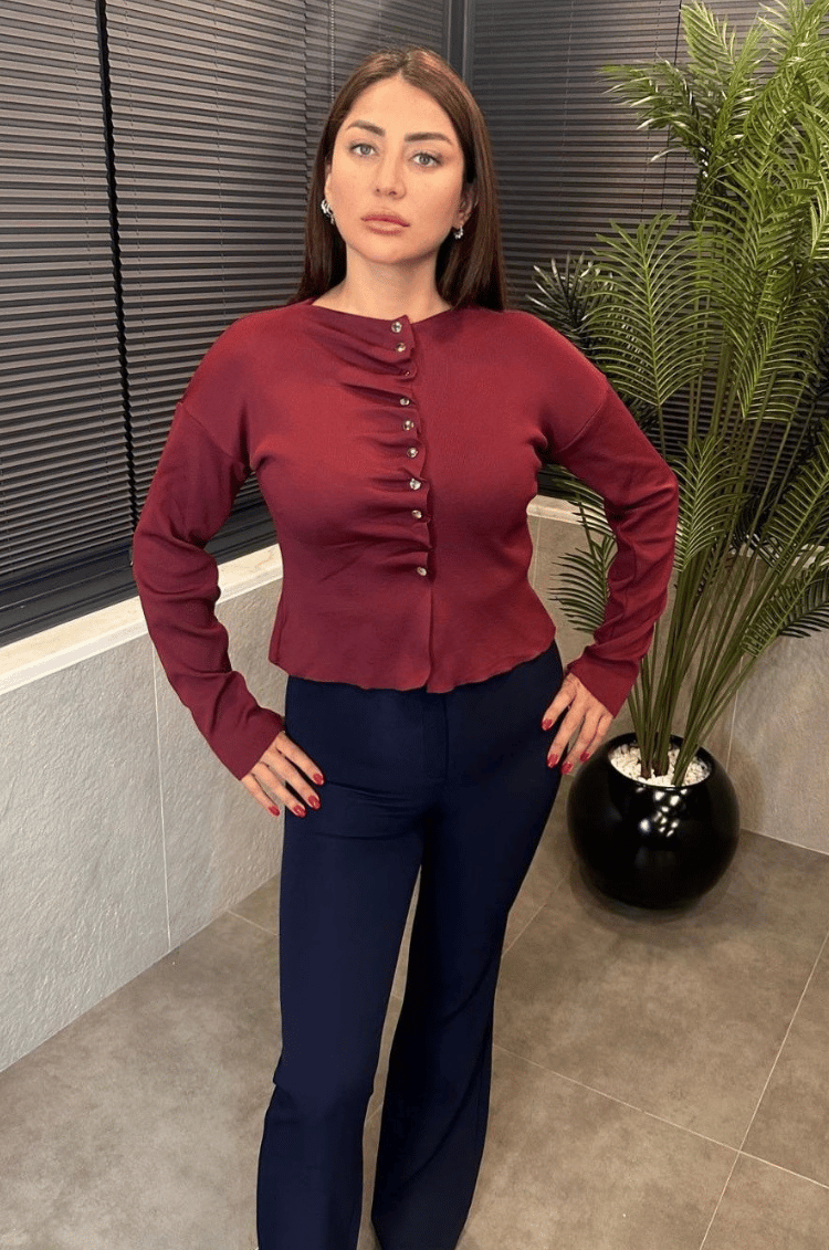 Büzgü Detaylı Bordo Triko Hırka