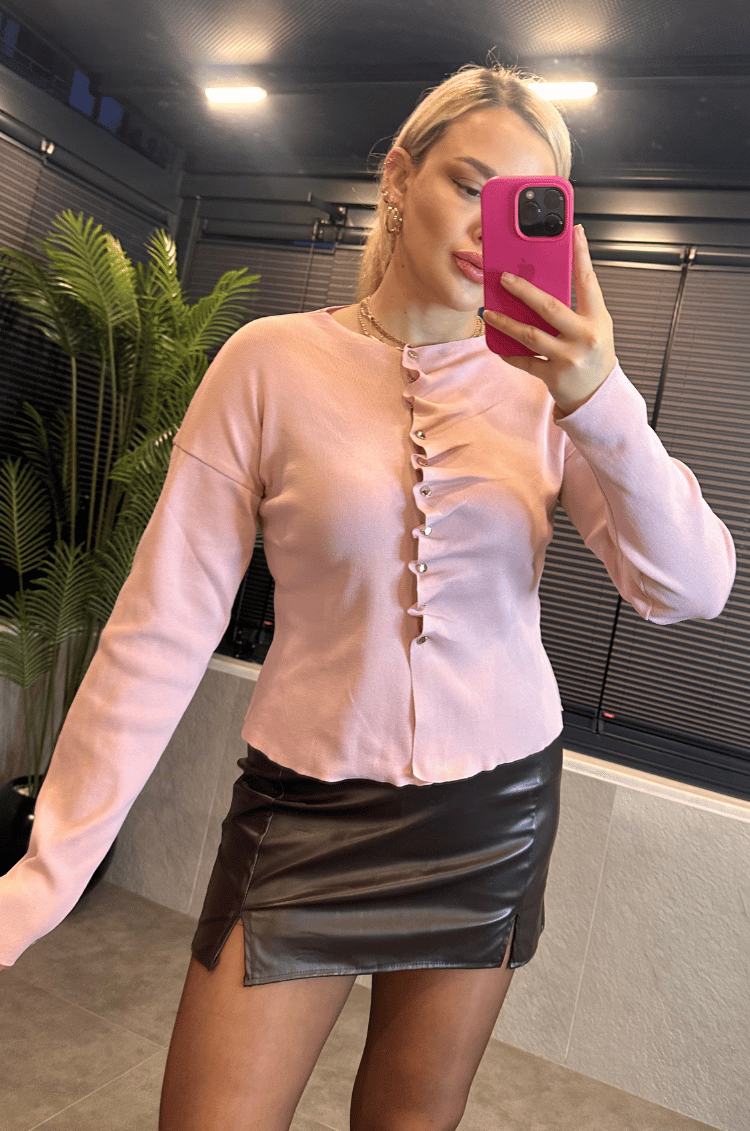 Büzgü Detaylı Gül Kurusu Triko Hırka